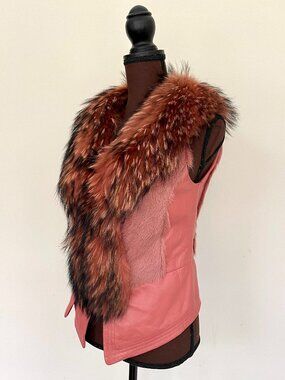 Pink 100% Leather Vest Real Fox Fur